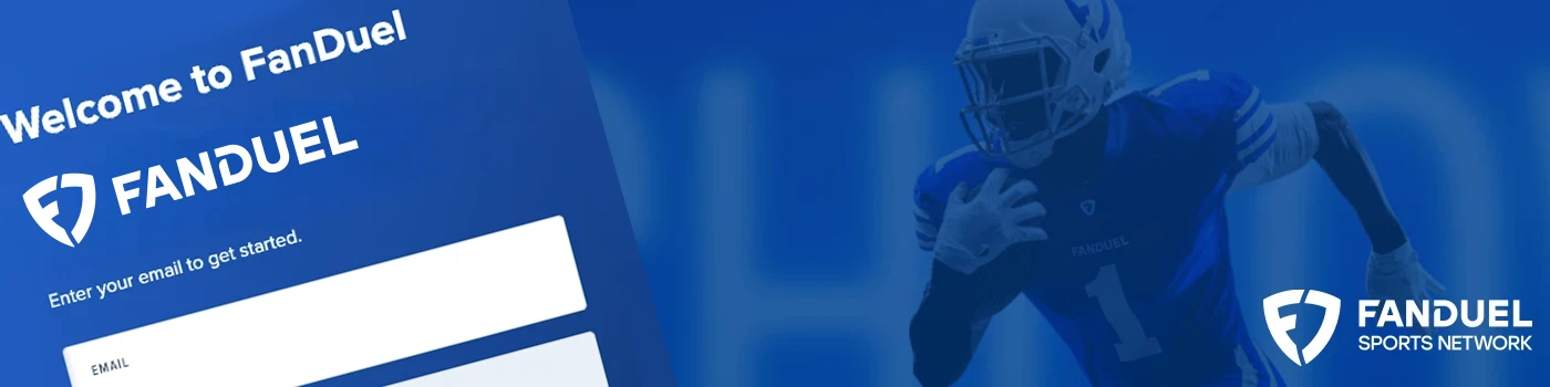 FanDuel sportsbook desktop banner with a part of the registration process and an athlete with a ball