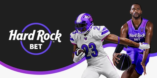 Hard Rock Bet sportsbook banner showing an NFL player and a basketball player